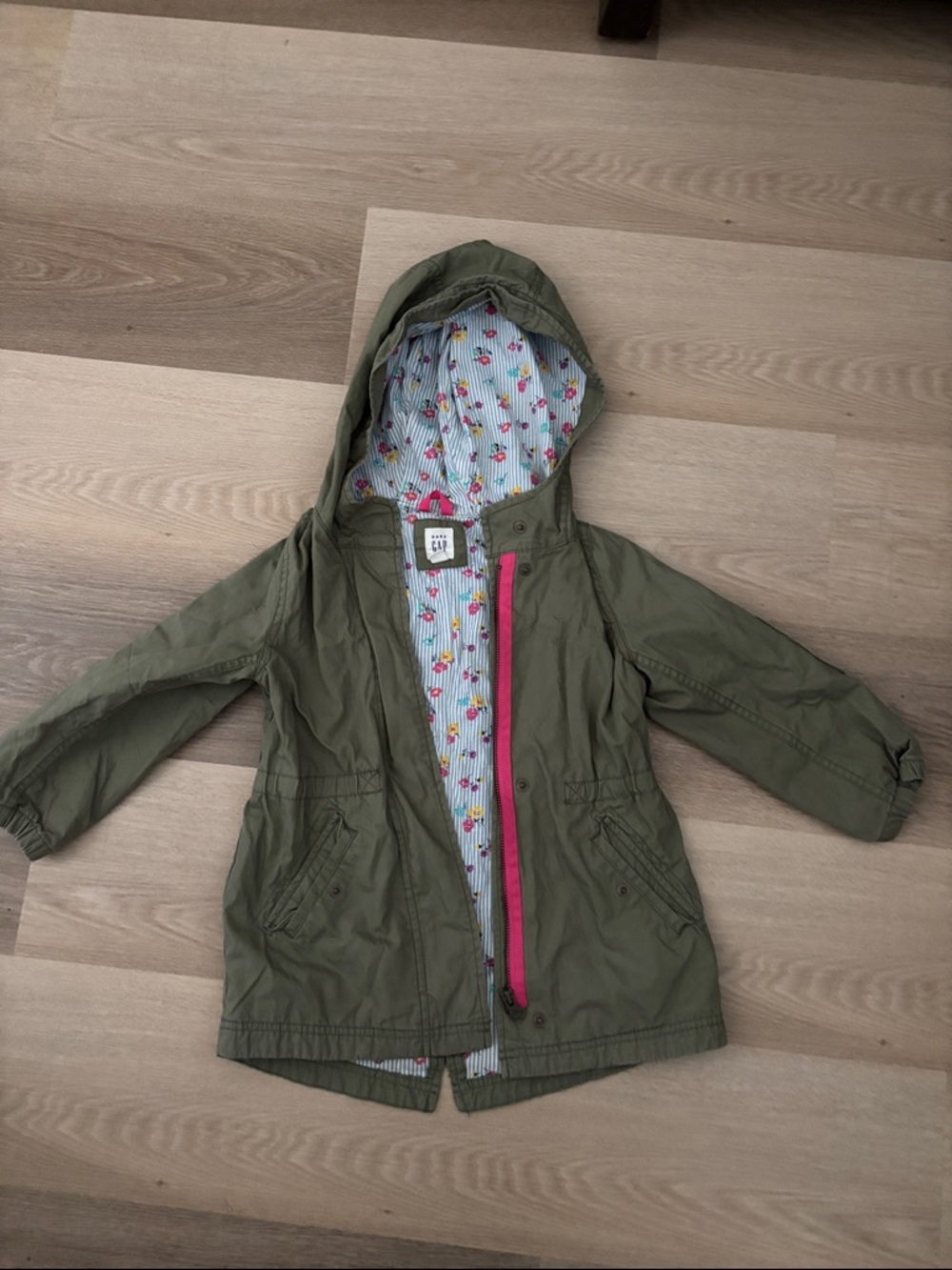 Baby GAP Olive Green Hooded Jacket with Floral Lining and Pink Trim